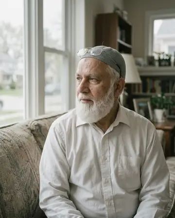 सफ़ेद दाढ़ी और धूसर टोपी वाले एक व्यक्ति, खिड़की के पास सोफ़े पर।